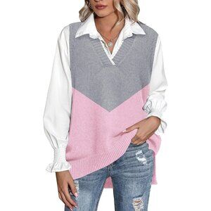 Women Block Pink Sweater Vest Sleeveless V Neck Oversized Knitted Pullover Fall